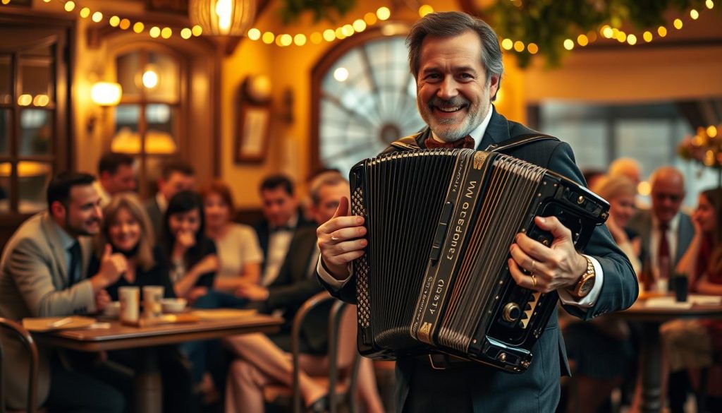 André Verchuren, a legendary accordionist, stands in the foreground passionately playing his accordion, dressed in elegant attire suggesting a classic French aesthetic. His expressive facial features capture the intensity and joy of his music. In the middle ground, a small, intimate audience of diverse people is enraptured by his performance, embodying nostalgia and admiration. They are seated at tables adorned with traditional French décor, creating a warm and inviting atmosphere. The background features soft, blurred images of a Parisian café, illuminated by warm, golden lights that create a romantic and vibrant ambiance. The overall mood is celebratory and timeless, reflecting the spirit of musette music. Use natural lighting with a slight spotlight effect on Verchuren to emphasize his talent and connection to the audience. André Verchuren, a legendary accordionist, stands in the foreground passionately playing his accordion, dressed in elegant attire suggesting a classic French aesthetic. His expressive facial features capture the intensity and joy of his music. In the middle ground, a small, intimate audience of diverse people is enraptured by his performance, embodying nostalgia and admiration. They are seated at tables adorned with traditional French décor, creating a warm and inviting atmosphere. The background features soft, blurred images of a Parisian café, illuminated by warm, golden lights that create a romantic and vibrant ambiance. The overall mood is celebratory and timeless, reflecting the spirit of musette music. Use natural lighting with a slight spotlight effect on Verchuren to emphasize his talent and connection to the audience.