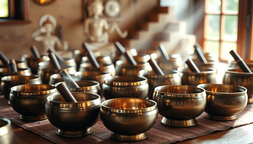Intricate array of Tibetan singing bowls in a serene meditative setting. Delicate chakra-aligned tones emanate from the bowls, each resonating with a distinct vibrational frequency. Soft natural lighting filters through the scene, casting a warm, tranquil glow. Bowls of varying sizes and metals are meticulously arranged, creating a harmonious composition. Textured surfaces and subtle shadows add depth and dimension. The overall atmosphere evokes a sense of balance, healing, and spiritual connection. The image conveys the essence of "Notes, fréquences et chakras: choisir en conscience" within the article's context. Intricate array of Tibetan singing bowls in a serene meditative setting. Delicate chakra-aligned tones emanate from the bowls, each resonating with a distinct vibrational frequency. Soft natural lighting filters through the scene, casting a warm, tranquil glow. Bowls of varying sizes and metals are meticulously arranged, creating a harmonious composition. Textured surfaces and subtle shadows add depth and dimension. The overall atmosphere evokes a sense of balance, healing, and spiritual connection. The image conveys the essence of "Notes, fréquences et chakras: choisir en conscience" within the article's context.