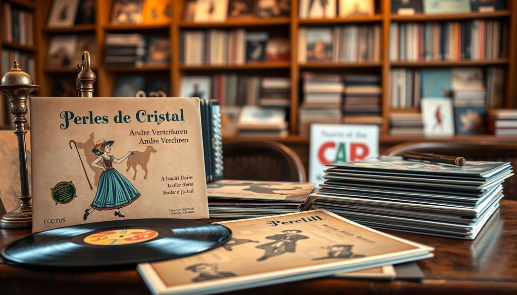 A beautifully arranged music catalogue featuring "Perles de cristal" by André Verchuren. In the foreground, a vintage vinyl record with a colorful cover showcasing an old-fashioned illustration of a polka dancer in traditional attire. Beside it, a pair of antique brass instruments, like an accordion and a clarinet, evoke the lively spirit of musette music. In the middle ground, an elegant wooden table holds neatly stacked catalogues and albums, each one reflecting a different era of musette music, surrounded by soft, warm lighting creating a nostalgic atmosphere. In the background, blurred shelves filled with LPs and music memorabilia provide context while maintaining focus on the foreground elements. The overall mood is inviting and reminiscent of a classic French music salon. A beautifully arranged music catalogue featuring "Perles de cristal" by André Verchuren. In the foreground, a vintage vinyl record with a colorful cover showcasing an old-fashioned illustration of a polka dancer in traditional attire. Beside it, a pair of antique brass instruments, like an accordion and a clarinet, evoke the lively spirit of musette music. In the middle ground, an elegant wooden table holds neatly stacked catalogues and albums, each one reflecting a different era of musette music, surrounded by soft, warm lighting creating a nostalgic atmosphere. In the background, blurred shelves filled with LPs and music memorabilia provide context while maintaining focus on the foreground elements. The overall mood is inviting and reminiscent of a classic French music salon.