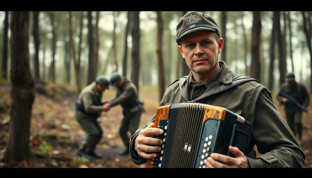 A heroic scene depicting André Verchuren during World War II, standing confidently in a wooded area, dressed in a vintage military uniform. In the foreground, he holds a vintage accordion, symbolizing his artistic spirit despite the war's chaos. In the middle ground, soldiers can be seen aiding each other, conveying camaraderie and bravery amidst a backdrop of trees, hinting at a mission or concealed operations. The background features a soft, diffused light filtering through the foliage, creating a hopeful yet somber atmosphere. The angle captures both Verchuren’s determined expression and the surrounding action, blending his musical passion with the spirit of resilience. Aim for a cinematic look with a slight vignette effect, evoking a sense of nostalgia and heroism.