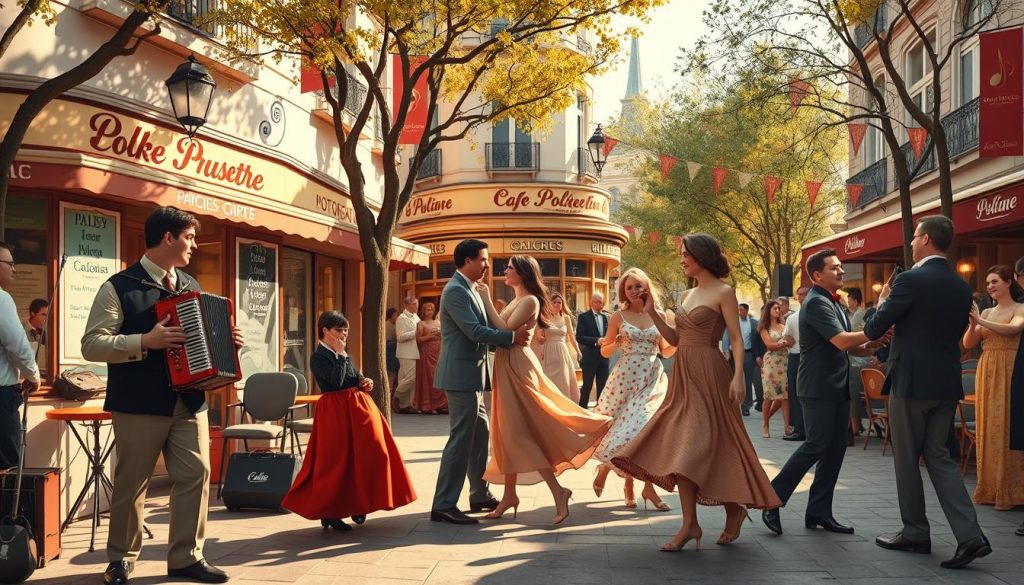 A historical illustration capturing the essence of the polka musette, set in a lively Parisian street scene. In the foreground, a vintage band plays traditional instruments like accordion and clarinet, dressed in elegant, modest attire. The middle ground features couples dancing joyfully, embodying the spirit of the polka with vibrant movements. Background elements include an iconic Parisian café with art nouveau style architecture, surrounded by trees and colorful banners celebrating music culture. The scene is bathed in warm, late afternoon sunlight, casting soft shadows and creating a nostalgic atmosphere. Use a slightly wide-angle lens for depth, highlighting the interactions between the musicians and dancers while immersing viewers in this cultural moment. A historical illustration capturing the essence of the polka musette, set in a lively Parisian street scene. In the foreground, a vintage band plays traditional instruments like accordion and clarinet, dressed in elegant, modest attire. The middle ground features couples dancing joyfully, embodying the spirit of the polka with vibrant movements. Background elements include an iconic Parisian café with art nouveau style architecture, surrounded by trees and colorful banners celebrating music culture. The scene is bathed in warm, late afternoon sunlight, casting soft shadows and creating a nostalgic atmosphere. Use a slightly wide-angle lens for depth, highlighting the interactions between the musicians and dancers while immersing viewers in this cultural moment.