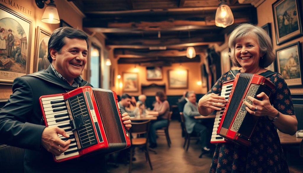 A lively scene featuring two renowned musicians, Maurice Larcange and Yvette Horner, performing in a cozy French café adorned with vintage décor. In the foreground, Maurice Larcange plays an accordion, his expression joyful and focused, dressed in a smart, casual outfit. Beside him, Yvette Horner elegantly plays a bright red concertina, wearing a stylish dress with a vintage flair that reflects the essence of musette music. The middle ground reveals café tables scattered with patrons enjoying the performance, immersed in the cheerful atmosphere. In the background, soft, warm lighting illuminates aged wooden beams and walls adorned with nostalgic French art, evoking a sense of warmth and charm. The overall mood is celebratory, capturing the spirit of traditional French musette music. A lively scene featuring two renowned musicians, Maurice Larcange and Yvette Horner, performing in a cozy French café adorned with vintage décor. In the foreground, Maurice Larcange plays an accordion, his expression joyful and focused, dressed in a smart, casual outfit. Beside him, Yvette Horner elegantly plays a bright red concertina, wearing a stylish dress with a vintage flair that reflects the essence of musette music. The middle ground reveals café tables scattered with patrons enjoying the performance, immersed in the cheerful atmosphere. In the background, soft, warm lighting illuminates aged wooden beams and walls adorned with nostalgic French art, evoking a sense of warmth and charm. The overall mood is celebratory, capturing the spirit of traditional French musette music.