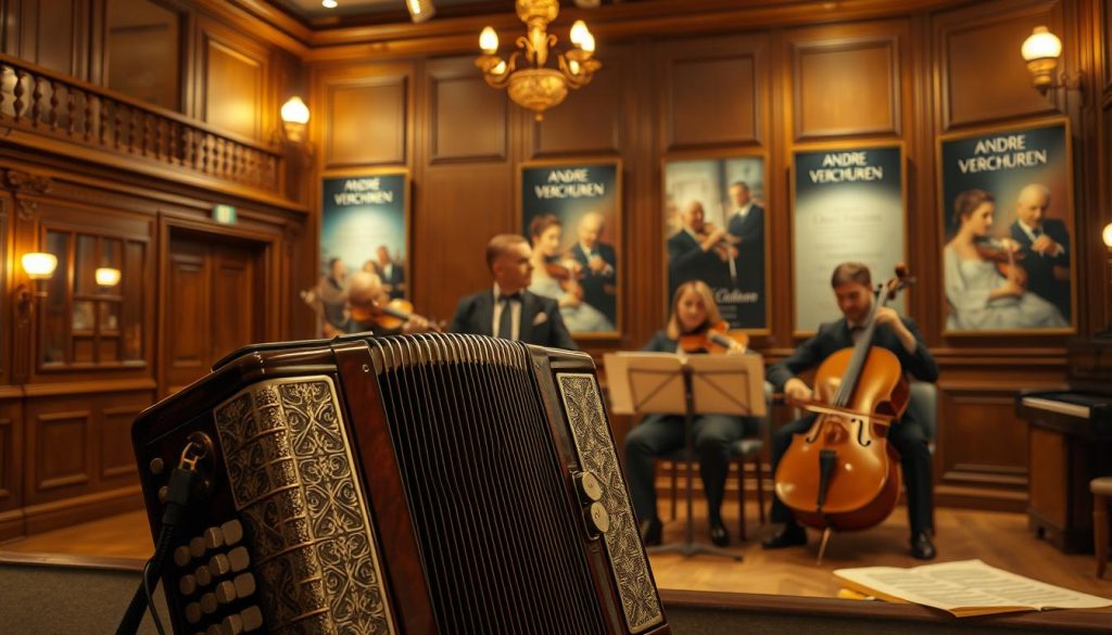 A serene and nostalgic scene depicting a vintage concert hall, filled with elegant wooden details and soft golden lighting, inviting the viewer into a warm, musical ambiance. In the foreground, an ornate, polished accordion rests on a music stand, surrounded by notes of classic melodies, symbolizing André Verchuren's iconic music style. In the middle ground, a small group of elegantly dressed musicians—a violinist, a pianist, and a cellist—perform passionately, their expressions filled with emotion and joy. In the background, softly illuminated posters of the beautiful songs by André Verchuren adorn the walls, enhancing the rich atmosphere. The image captures the essence of a timeless musical journey, evoking nostalgia and a sense of rediscovery, with a lens that focuses sharply on the players, creating a shallow depth of field that draws attention to their creativity and passion. A serene and nostalgic scene depicting a vintage concert hall, filled with elegant wooden details and soft golden lighting, inviting the viewer into a warm, musical ambiance. In the foreground, an ornate, polished accordion rests on a music stand, surrounded by notes of classic melodies, symbolizing André Verchuren's iconic music style. In the middle ground, a small group of elegantly dressed musicians—a violinist, a pianist, and a cellist—perform passionately, their expressions filled with emotion and joy. In the background, softly illuminated posters of the beautiful songs by André Verchuren adorn the walls, enhancing the rich atmosphere. The image captures the essence of a timeless musical journey, evoking nostalgia and a sense of rediscovery, with a lens that focuses sharply on the players, creating a shallow depth of field that draws attention to their creativity and passion.