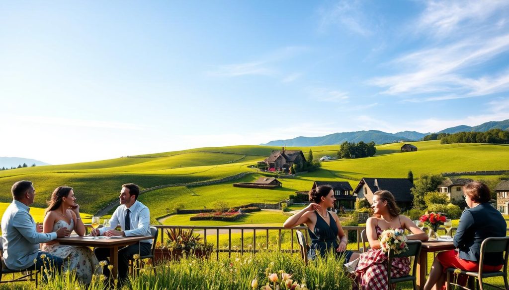 A serene landscape capturing the essence of Auvergne, featuring rolling green hills under a clear blue sky. In the foreground, depict a group of elegantly dressed couples, representing the engaged couples of Auvergne, seated at an outdoor café, engaged in animated conversation. Their attire reflects a blend of modern and traditional styles, showcasing regional fabrics and colors. In the middle ground, include charming rustic houses typical of Auvergne architecture, with vibrant flower gardens. The background should feature distant mountains, softly illuminated by late afternoon sunlight, creating a warm and inviting atmosphere. Use a wide-angle lens perspective to enhance the depth of the scene, focusing on the joyful expressions of the couples, symbolizing the success and happiness of 'Les fiancés d'Auvergne.' The overall mood should be celebratory and nostalgic, evoking a sense of community and love. A serene landscape capturing the essence of Auvergne, featuring rolling green hills under a clear blue sky. In the foreground, depict a group of elegantly dressed couples, representing the engaged couples of Auvergne, seated at an outdoor café, engaged in animated conversation. Their attire reflects a blend of modern and traditional styles, showcasing regional fabrics and colors. In the middle ground, include charming rustic houses typical of Auvergne architecture, with vibrant flower gardens. The background should feature distant mountains, softly illuminated by late afternoon sunlight, creating a warm and inviting atmosphere. Use a wide-angle lens perspective to enhance the depth of the scene, focusing on the joyful expressions of the couples, symbolizing the success and happiness of 'Les fiancés d'Auvergne.' The overall mood should be celebratory and nostalgic, evoking a sense of community and love.