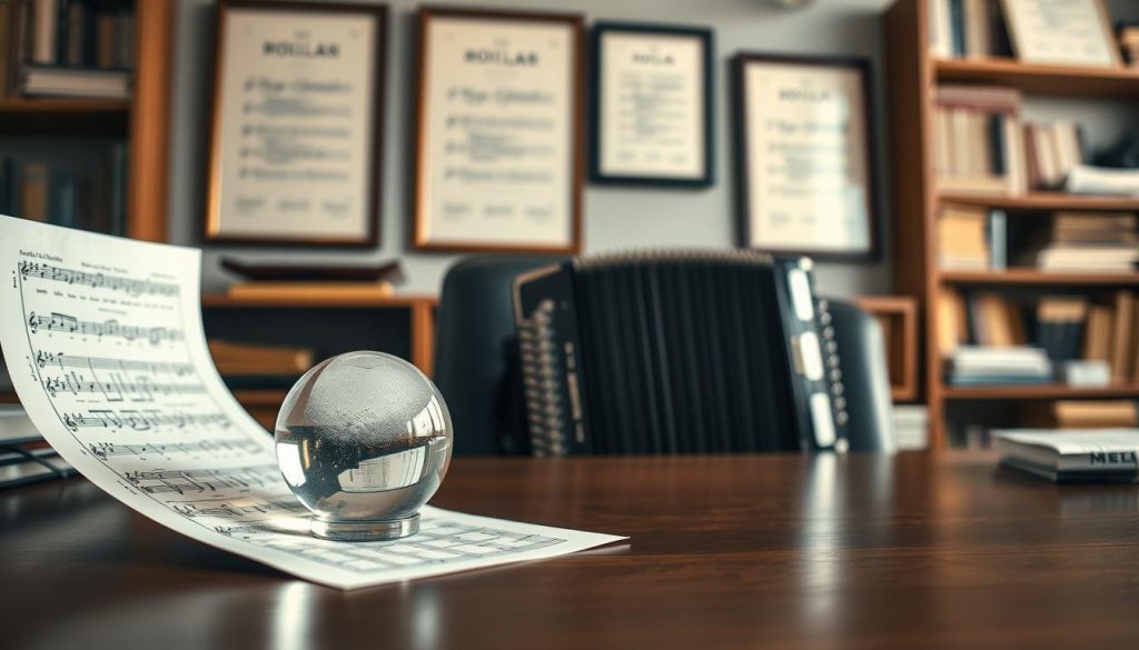 A serene office setting showcasing a wooden desk adorned with sheet music for the polka, reflecting the essence of French musette music. In the foreground, a polished crystal ball sits beside a vintage accordion, their surfaces glinting in soft, warm light that enhances the atmosphere of nostalgia and artistry. In the middle ground, framed certificates of copyright hang on the wall, subtly showcasing the importance of intellectual property in music. The background features shelves filled with musical scores and books, creating a cozy yet professional ambience. Use a shallow depth of field to draw focus on the desk items while gently blurring the background. The overall mood should be respectful and reflective, emphasizing the significance of music rights management. A serene office setting showcasing a wooden desk adorned with sheet music for the polka, reflecting the essence of French musette music. In the foreground, a polished crystal ball sits beside a vintage accordion, their surfaces glinting in soft, warm light that enhances the atmosphere of nostalgia and artistry. In the middle ground, framed certificates of copyright hang on the wall, subtly showcasing the importance of intellectual property in music. The background features shelves filled with musical scores and books, creating a cozy yet professional ambience. Use a shallow depth of field to draw focus on the desk items while gently blurring the background. The overall mood should be respectful and reflective, emphasizing the significance of music rights management.