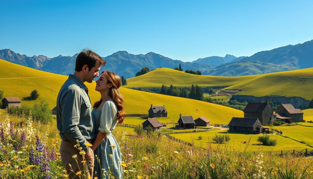A serene, picturesque landscape depicting the region of Auvergne, France. In the foreground, a couple engages in a heartfelt conversation, dressed in modest, traditional clothing, embodying the spirit of the song "Paroles des fiancés d’Auvergne." Their expressions reflect love and contemplation, emphasizing the song's themes. In the middle ground, a lush green hillside dotted with wildflowers and quaint stone cottages illustrates the enchanting beauty of the Auvergne countryside. The background features majestic mountains under a clear blue sky, bathed in warm, golden sunlight that sets a romantic and nostalgic mood. The scene is captured from a slightly elevated angle, enhancing the depth and connection to the couple, creating an inviting atmosphere that invites contemplation of the song's meaning.