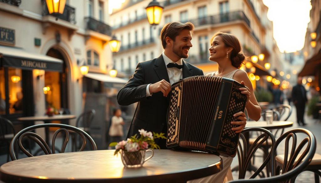 A nostalgic scene capturing the essence of "Amour de valse d'André Verchuren," set in a quaint Parisian café during the golden hour. In the foreground, a couple dressed in elegant, modest attire dances gracefully, their faces glowing with joy. The middle ground features a vintage accordion resting on a round table adorned with a small vase of fresh flowers, representing the music that fills the air. The background depicts softly lit streets with charming, historic buildings and glowing lanterns, creating a warm, romantic atmosphere. The lighting is soft and golden, casting a dreamy ambiance. The image is taken from a slightly elevated angle, emphasizing the couple's connection and the enchanting surroundings, evoking the timeless charm of a waltz in Paris. A nostalgic scene capturing the essence of "Amour de valse d'André Verchuren," set in a quaint Parisian café during the golden hour. In the foreground, a couple dressed in elegant, modest attire dances gracefully, their faces glowing with joy. The middle ground features a vintage accordion resting on a round table adorned with a small vase of fresh flowers, representing the music that fills the air. The background depicts softly lit streets with charming, historic buildings and glowing lanterns, creating a warm, romantic atmosphere. The lighting is soft and golden, casting a dreamy ambiance. The image is taken from a slightly elevated angle, emphasizing the couple's connection and the enchanting surroundings, evoking the timeless charm of a waltz in Paris.
