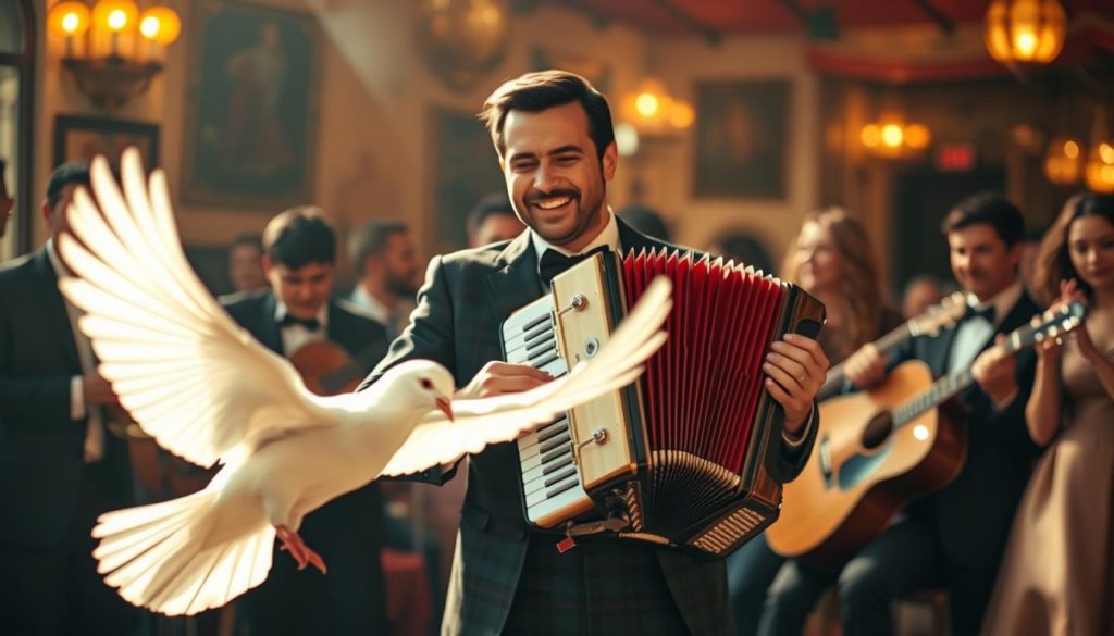 A vibrant scene capturing the essence of "La paloma" by André Verchuren. In the foreground, a graceful white dove takes center stage, its feathers shimmering in soft light, symbolizing peace and melody. The middle ground features a dynamic accordion player, dressed in a smart, professional outfit, passionately playing the iconic song, with a look of joy and concentration on his face. Surrounding him, musicians in elegant attire add to the atmosphere, their instruments gleaming under warm, golden lighting. In the background, the blurred outlines of a lively café and audience create a sense of intimacy and celebration. The overall mood is joyful and nostalgic, evoking the cultural significance of this beloved version. Use a slightly elevated angle to emphasize the harmony between the performer and the dove, bathed in a soft, warm glow.