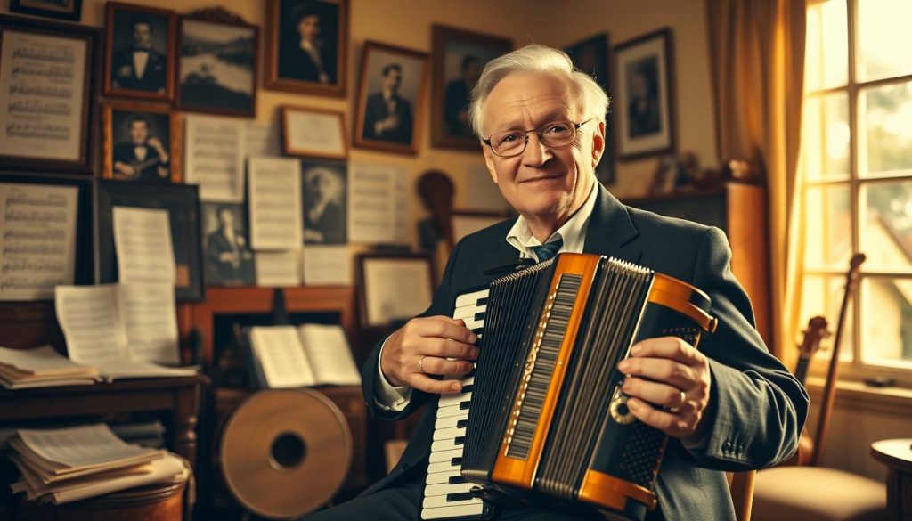André Verchuren, a legendary figure in French musette music, portrayed in a warm, nostalgic setting. In the foreground, an older man with a distinguished appearance, dressed in a classic suit, sits confidently at a vintage accordion, his fingers gracefully dancing over the keys. The middle ground features a softly lit room filled with music sheets, vintage musical instruments, and framed photographs of past performances, creating a sense of history and passion for music. In the background, soft golden light filters through a large window, illuminating the space and adding an inviting glow. The overall atmosphere is one of reverence and celebration of a musical legacy, evoking feelings of nostalgia and admiration, as if the viewer has stepped into a cherished memory of André Verchuren's life.