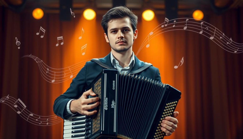 André Verchuren junior stands confidently in the foreground, holding a traditional accordion, embodying a blend of classic and contemporary styles. He is dressed in smart, casual attire, reflecting his artistic spirit and heritage. His expression is focused yet inviting, suggesting a deep connection to the musical legacy of his father. In the middle ground, musical notes subtly swirl around him, symbolizing his lineage while capturing the essence of his journey in music. The background features a softly blurred stage setting, illuminated with warm, golden lighting that creates an intimate atmosphere, suggesting a live performance. The image is shot with a slight low angle to emphasize André’s stature and importance in the musical tradition, while achieving an inviting and inspirational mood that resonates with the theme of heritage and passion for music.